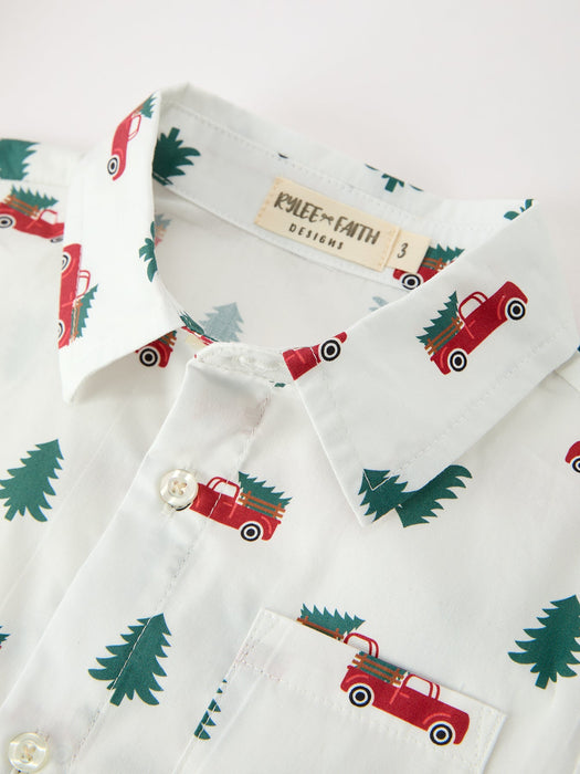 Boys Christmas Outfit | Red Truck Shirt, Red Pants & Suspenders Set