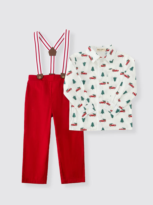 Boys Christmas Outfit | Red Truck Shirt, Red Pants & Suspenders Set