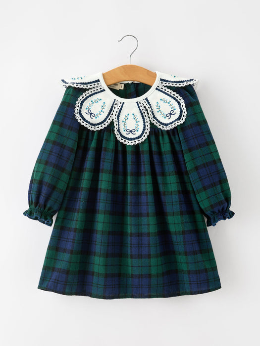 Green & Navy Plaid Christmas Dress with Embroidered Collar