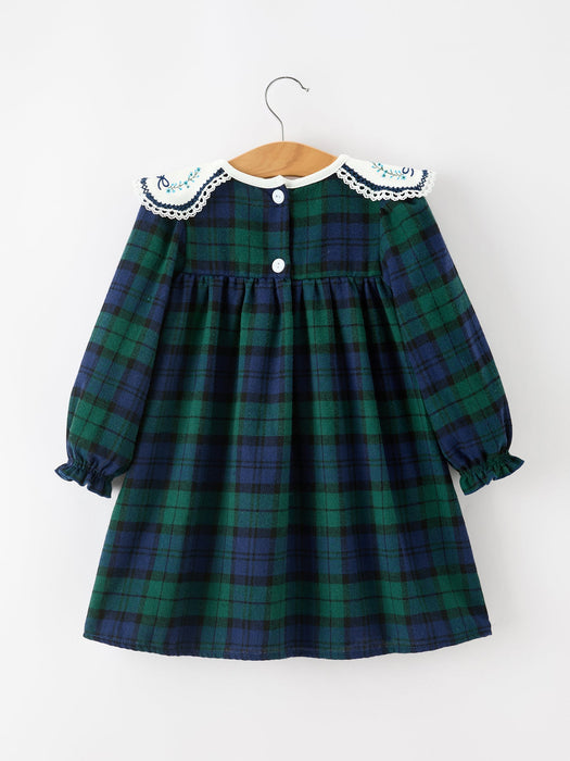 Green & Navy Plaid Christmas Dress with Embroidered Collar