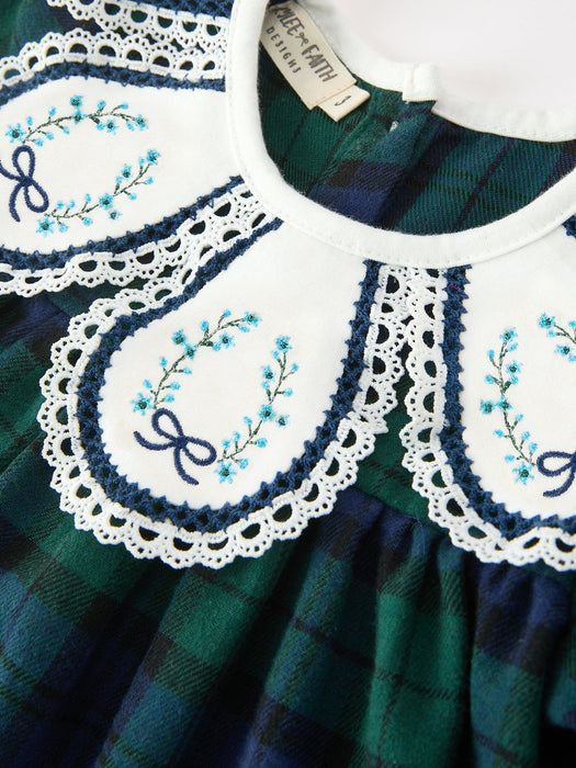 Green & Navy Plaid Christmas Dress with Embroidered Collar