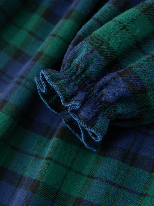Green & Navy Plaid Christmas Dress with Embroidered Collar