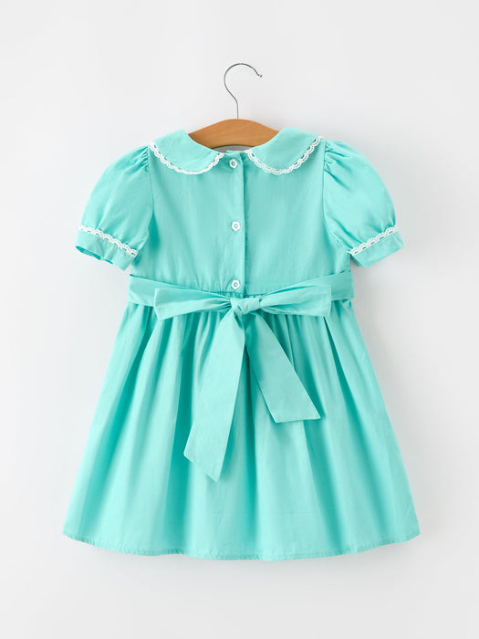 Girls Aqua Floral Embroidered Smocked Dress