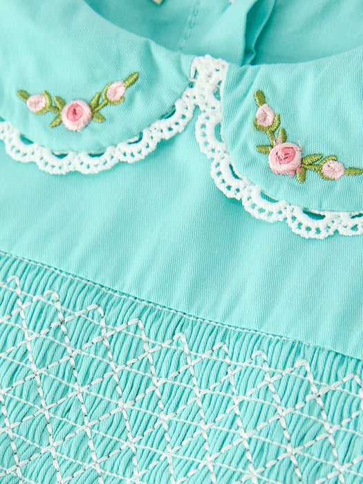 Girls Aqua Floral Embroidered Smocked Dress