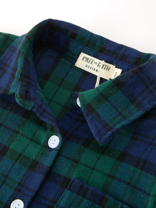 Boys Christmas Green & Navy Plaid Button Down Shirt