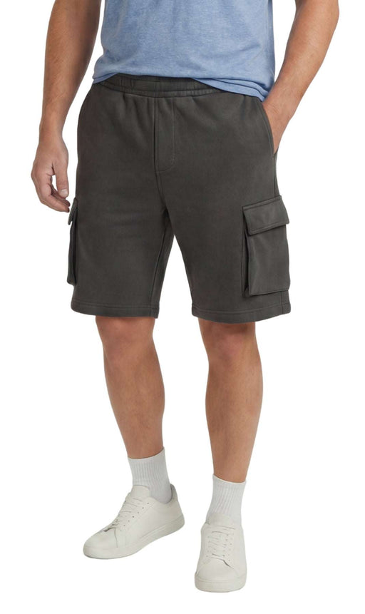 Men’s fleece cargo shorts with elastic waistband and multiple pockets in charcoal gray color