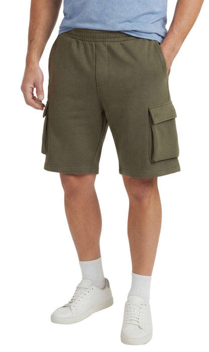 Men’s fleece cargo shorts in charcoal with multiple pockets and elastic waistband for active comfort