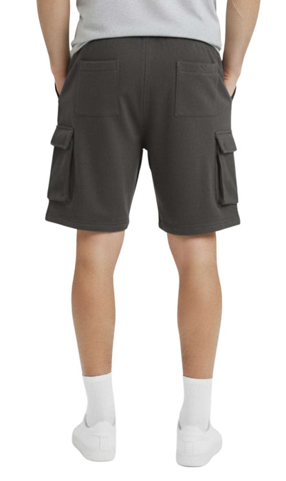 Men’s fleece cargo shorts in olive green with multiple pockets and elastic waistband for outdoor adventure and casual wear