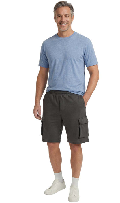 Men wearing men's fleece cargo shorts with multiple pockets outdoors