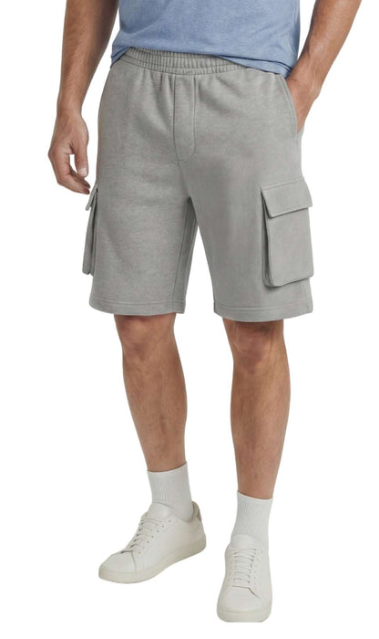 Men’s fleece cargo shorts in charcoal with multiple pockets and elastic waistband for active wear