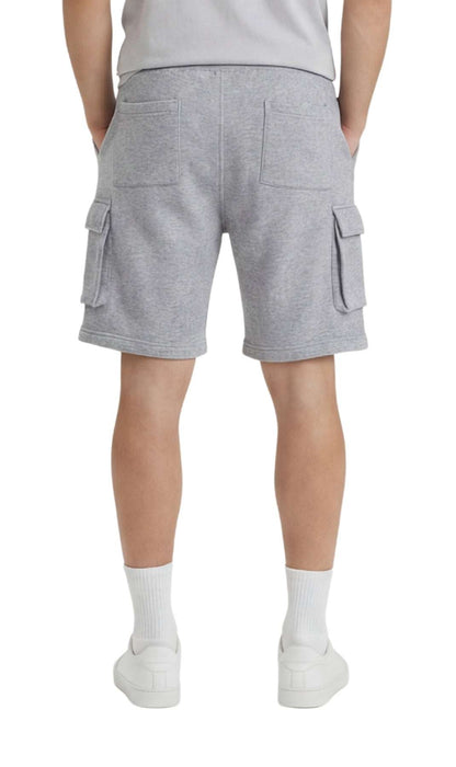 Men’s fleece cargo shorts in charcoal with elastic waistband and multiple pockets for outdoor adventure and casual wear
