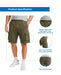 Men’s fleece cargo shorts in olive green with elastic waistband and multiple pockets