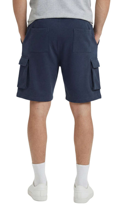 Men’s fleece cargo shorts in charcoal with elastic waistband and multiple pockets for outdoor comfort and style