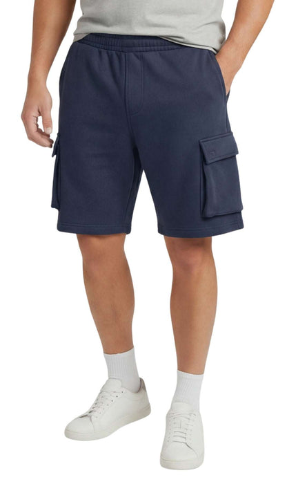 Men’s fleece cargo shorts in dark navy with elastic waistband and multiple pockets, designed for comfort and outdoor use