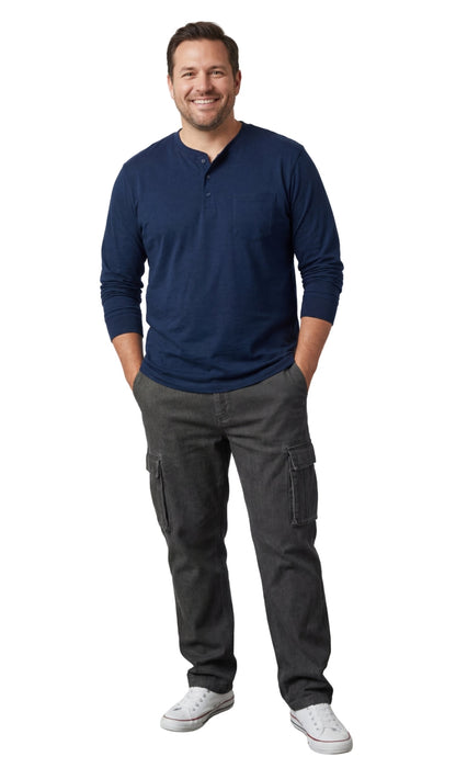 Men's Long Sleeve Henley Shirt — Cotton Blend 3-Button Placket with Pocket