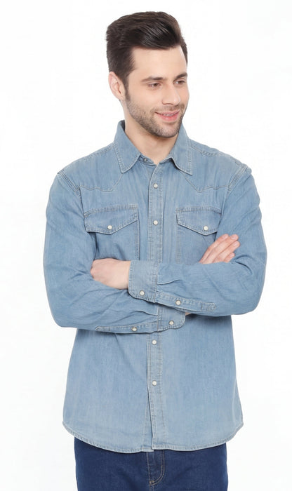 Men's Western Snap Button Shirt — Denim and Twill with Stitched Yoke