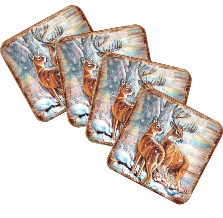 Deer's Wooden Cork Coasters Gift Set of 4 by Nature Wonders