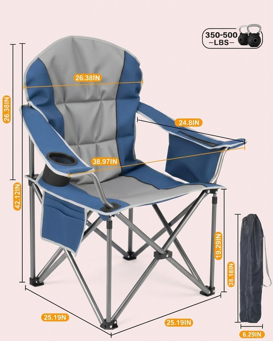Heavy Duty Folding Camping Chair w/ Cup Holder & Cooler Bag 500 lbs
