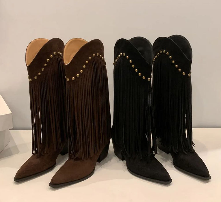 Riveted Fringe Mid-Calf Boots – Classic Western Cowgirl Boots