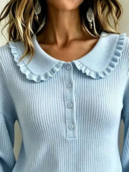 Stylish Ruffled Collar, Front Button Sweater