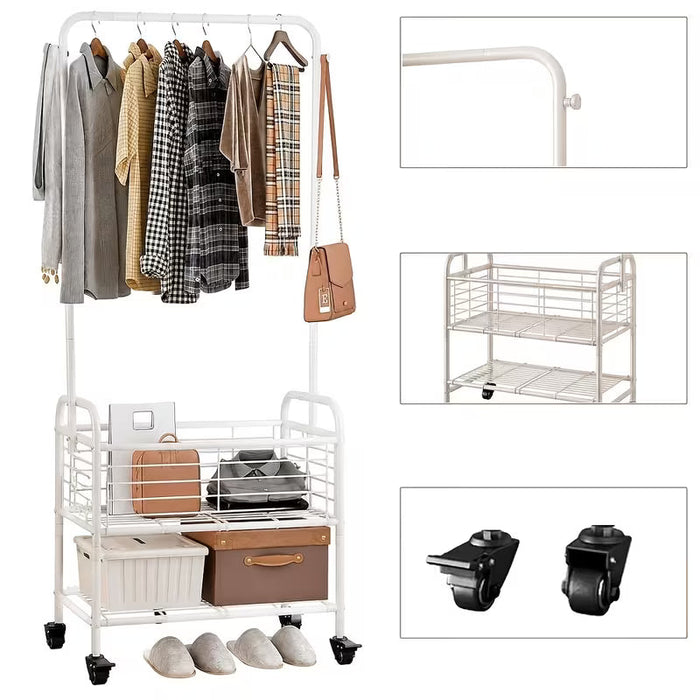 Metal Rolling Laundry Cart with Hanging Rack and Storage Shelf