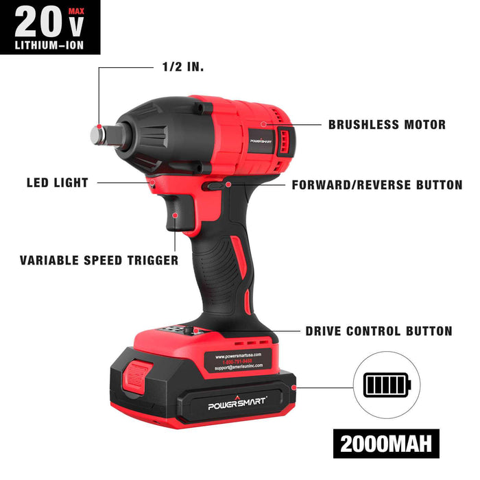 20V Cordless Brushless Impact Wrench Kit - 265 Ft-Lbs, Includes 4.0Ah Battery, Charger & 5 Sockets (PS76142B)