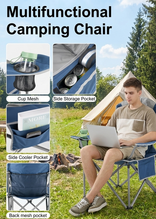 Heavy Duty Folding Camping Chair w/ Cup Holder & Cooler Bag 500 lbs