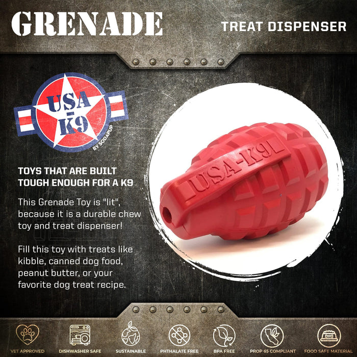 USA-K9 Grenade Shaped Dispenser Durable Dog Chew Toy & Treat Dispenser - Army Green