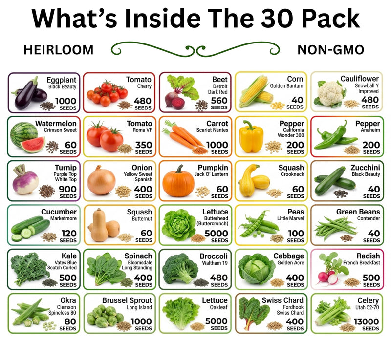 20-50 Varieties - Heirloom Vegetable & Herb Seed Vaults – USA Grown, Non-GMO - 10,000-50,000 Seeds