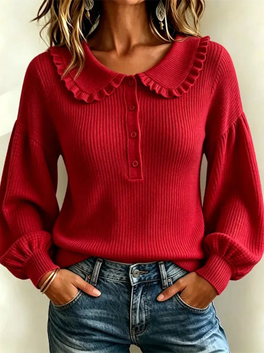 Stylish Ruffled Collar, Front Button Sweater
