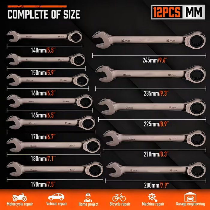 Ratcheting Wrench Sets SAE Metric with Steel Combination Spanner Kit 2pc/10pc/12pc/24pc