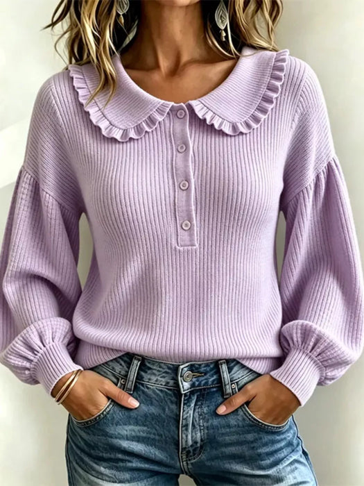Stylish Ruffled Collar, Front Button Sweater