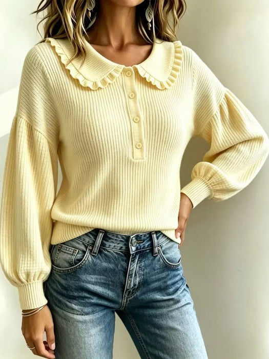Stylish Ruffled Collar, Front Button Sweater