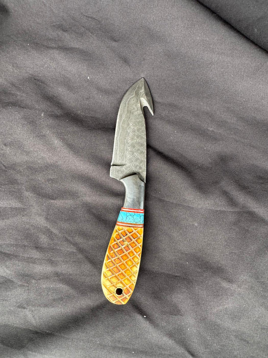 Titan "Amber Turquoise" Damascus Gut-Hook Skinner TIK-009
