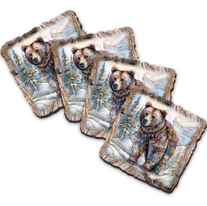 Handmade Grizzly Bear Coasters Gift Set of 4 by Nature Wonders