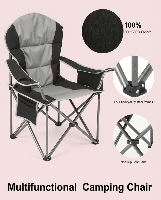 Heavy Duty Folding Camping Chair w/ Cup Holder & Cooler Bag 500 lbs