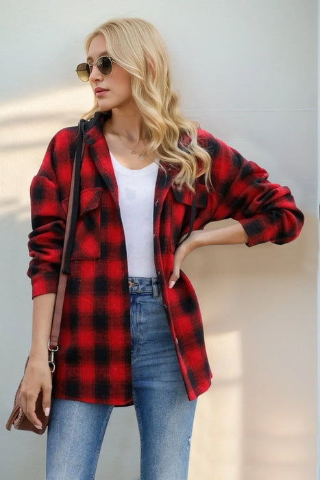 Women's Plaid Long Sleeve Hooded Shacket