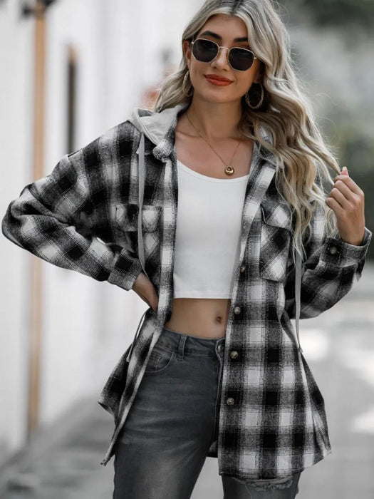 Women's Plaid Long Sleeve Hooded Shacket