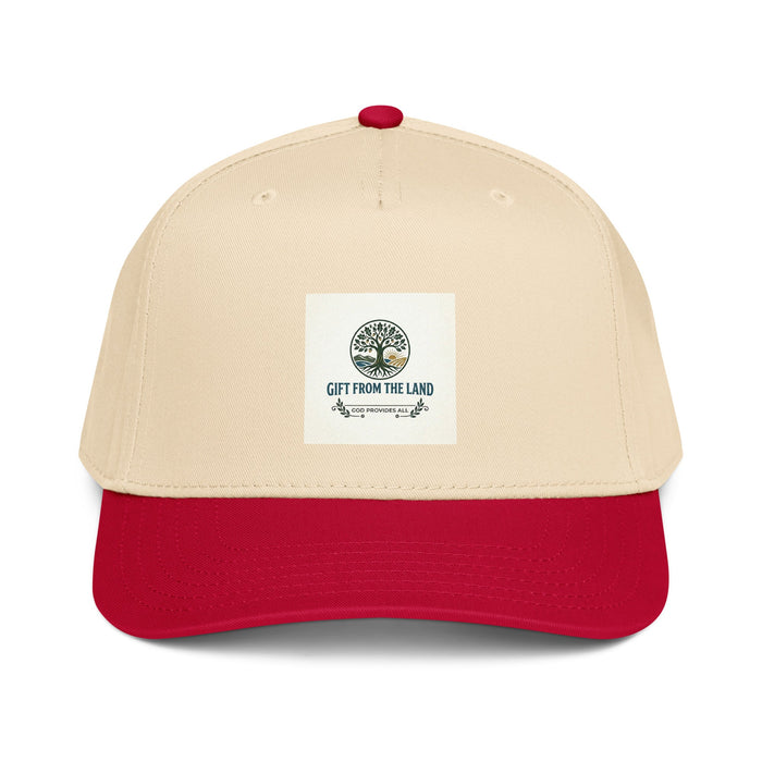 Gift From The Land logo on a structured 5-panel mid-profile cap with adjustable snap closure and breathable eyelets