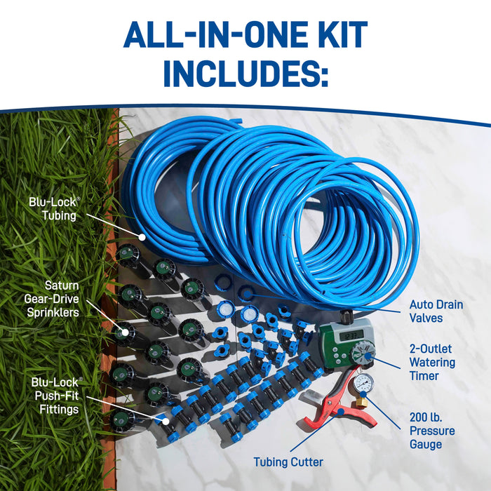 Two Zone, In-Ground Sprinkler System with Blu-Lock Tubing System and Hose Faucet Timer | 50021