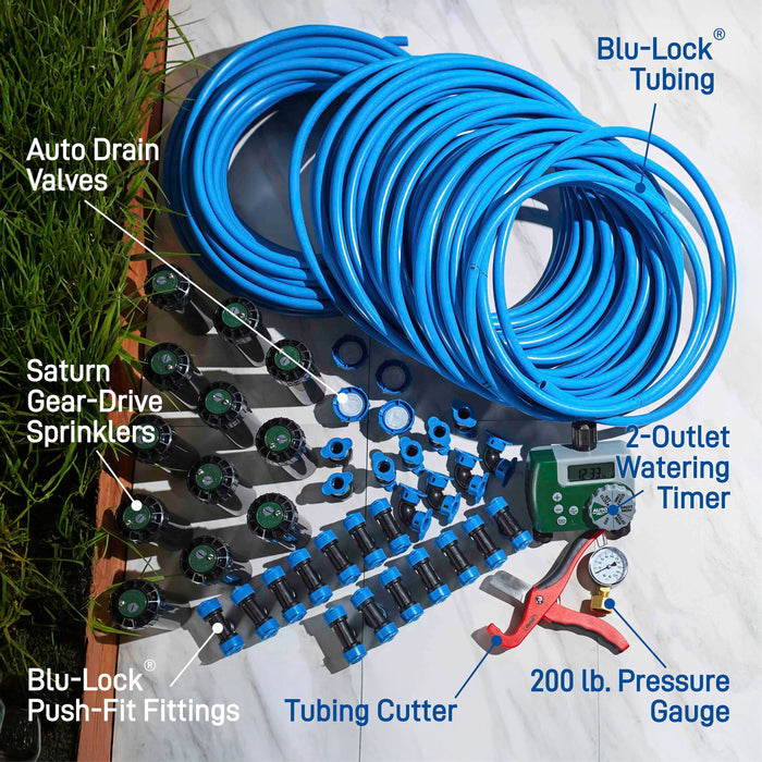 Two Zone, In-Ground Sprinkler System with Blu-Lock Tubing System and Hose Faucet Timer | 50021