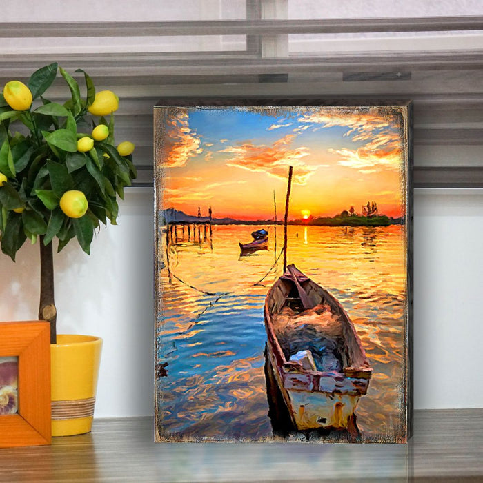 Sorrell Sunset Boat Wooden Coastal Wall Art | Handcrafted Wood Block Decor by Nature Wonders