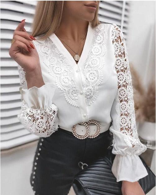 Stylish White Lace Long Sleeved Cut Out Shirt