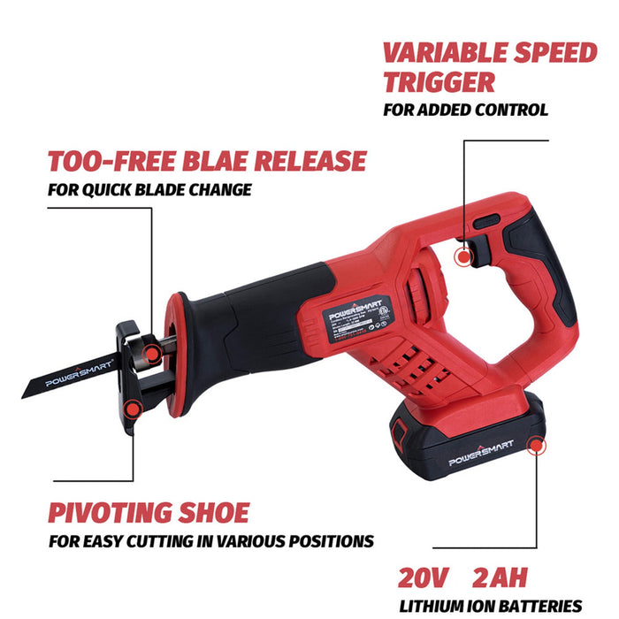Cordless Reciprocating Saw with 20V 2.0Ah Battery and Charger