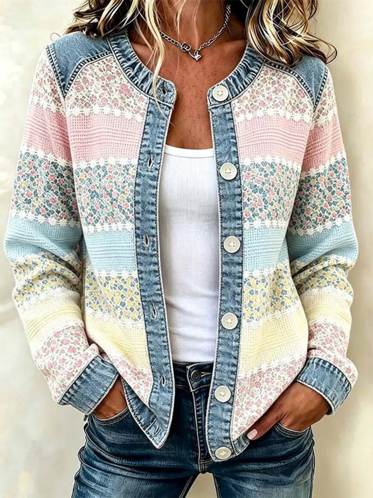 Women's Full Size Floral Patchwork Denim Trim Jacket