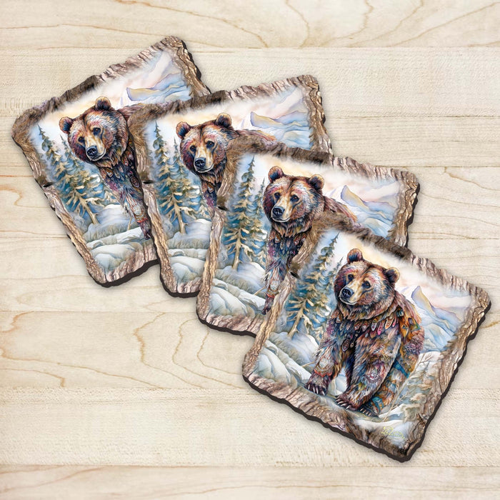 Handmade Grizzly Bear Coasters Gift Set of 4 by Nature Wonders