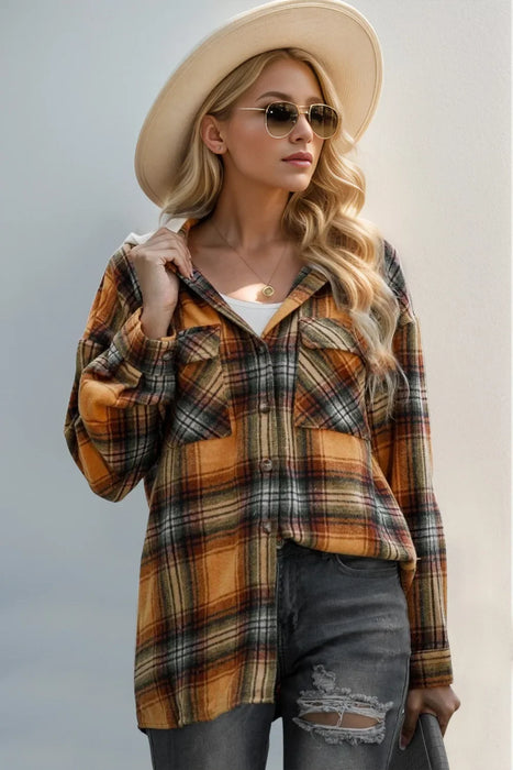 Women's Plaid Long Sleeve Hooded Shacket