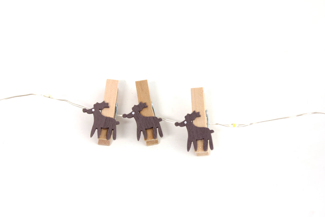 20 LED Copper Wire Microdot Lights featuring 10 Wooden Reindeer Clips