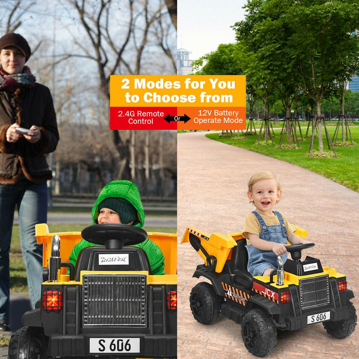 12V Battery Kids Ride On Dump Truck with Electric Dump Bed-Yellow