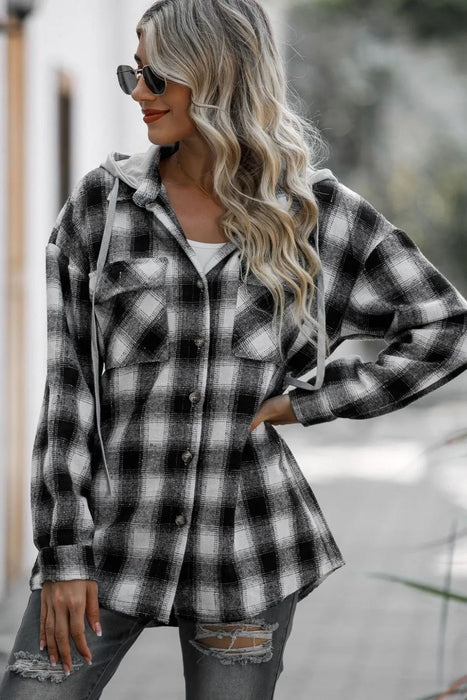 Women's Plaid Long Sleeve Hooded Shacket